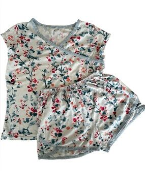 Floral Short Sleeve Pajama Set - Light Gray with Pink & Teal Flowers